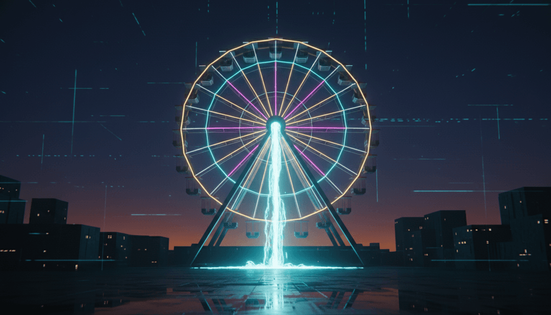 Una representación abstracta de ritmos synth-pop melancólicos, mostrando luces de neón giratorias y una figura solitaria en un paisaje urbano nocturno, representando 'Save Your Tears (Remix)' de The Weeknd y Ariana Grande.