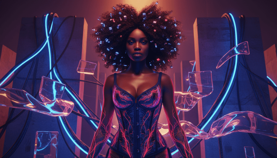 Visualización conceptual de una mujer audaz y empoderada en medio de gráficos vibrantes inspirados en el hip-hop, que reflejan la energía de 'LOVER GIRL' de Megan Thee Stallion.