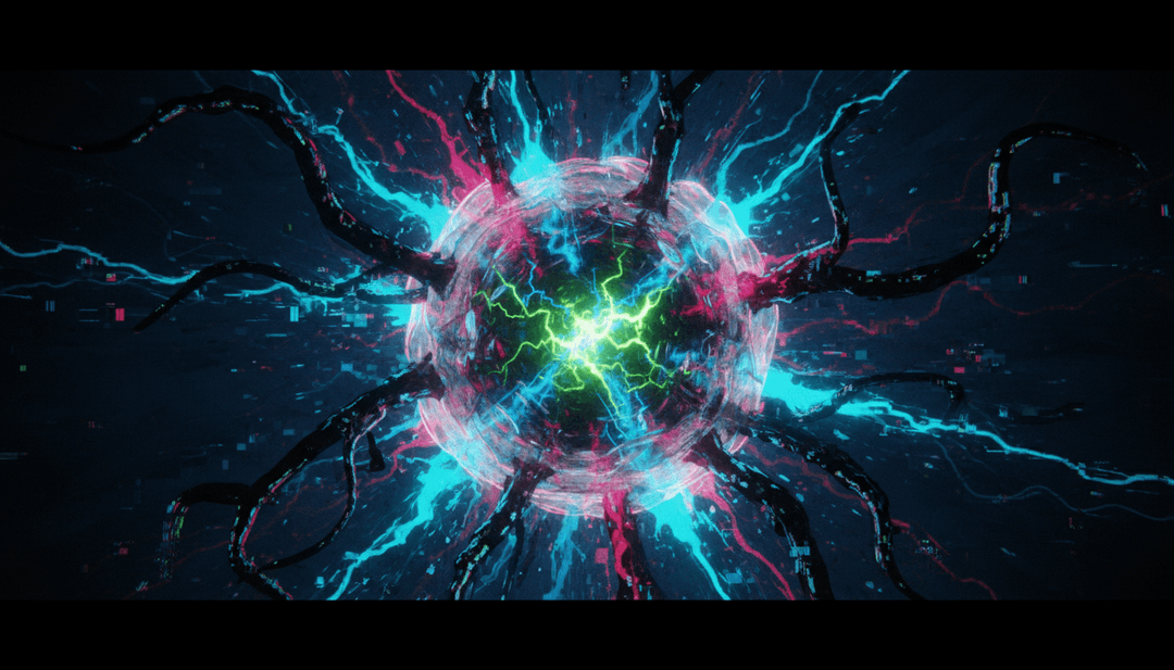 Una escena dramática de un laboratorio gótico, con chispas volando mientras una criatura tipo Frankenstein es animada por luces pulsantes, sincronizadas con un solo de guitarra de "Feed My Frankenstein".