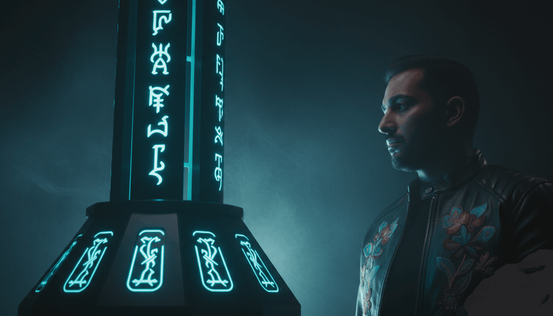 Une visualisation numérique d'ondes sonores énergiques rencontrant des motifs culturels punjabi vibrants, symbolisant l'interprétation initiale de 'Own Spotlight' par l'IA.