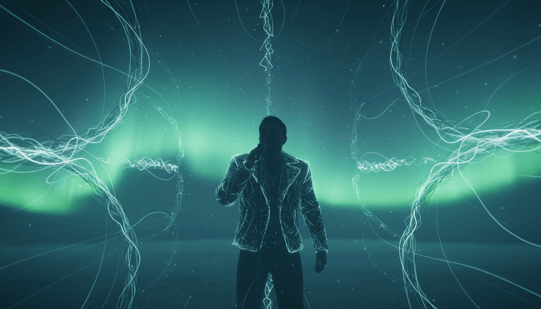 Paisaje digital abstracto con líneas de neón, representando el análisis sónico de una canción synthwave por IA.