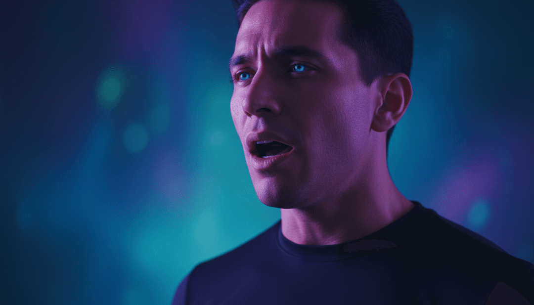 Vibrante paisaje urbano synthwave nocturno, con una figura espectral compuesta de estelas de luz moviéndose a través de él.