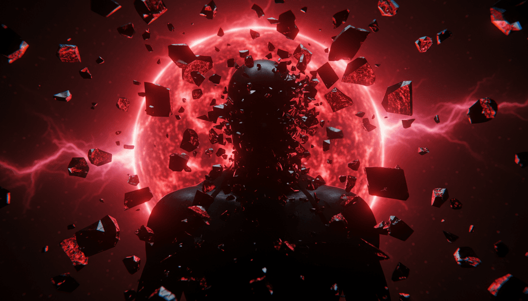 动态的宇宙场景,天体碰撞,与 'Redshift' 强大的吉他 Riff 和激烈的鼓点同步,展示了 AI 生成的视觉效果。