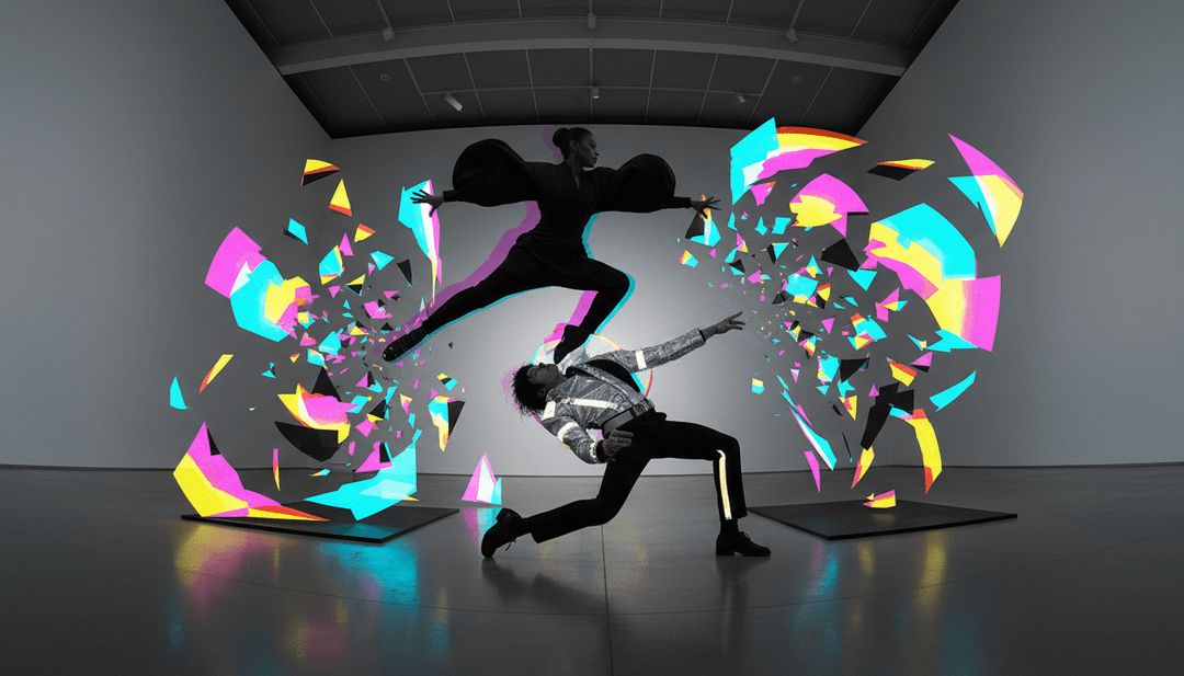 "Haypa" 곡의 일렉트로닉 비트에 맞춰 동기화된, 생생한 네온으로 렌더링된 세련되고 미래적인 도시 풍경에서 역동적인 춤 동작을 선보이는 애니메이션 캐릭터.