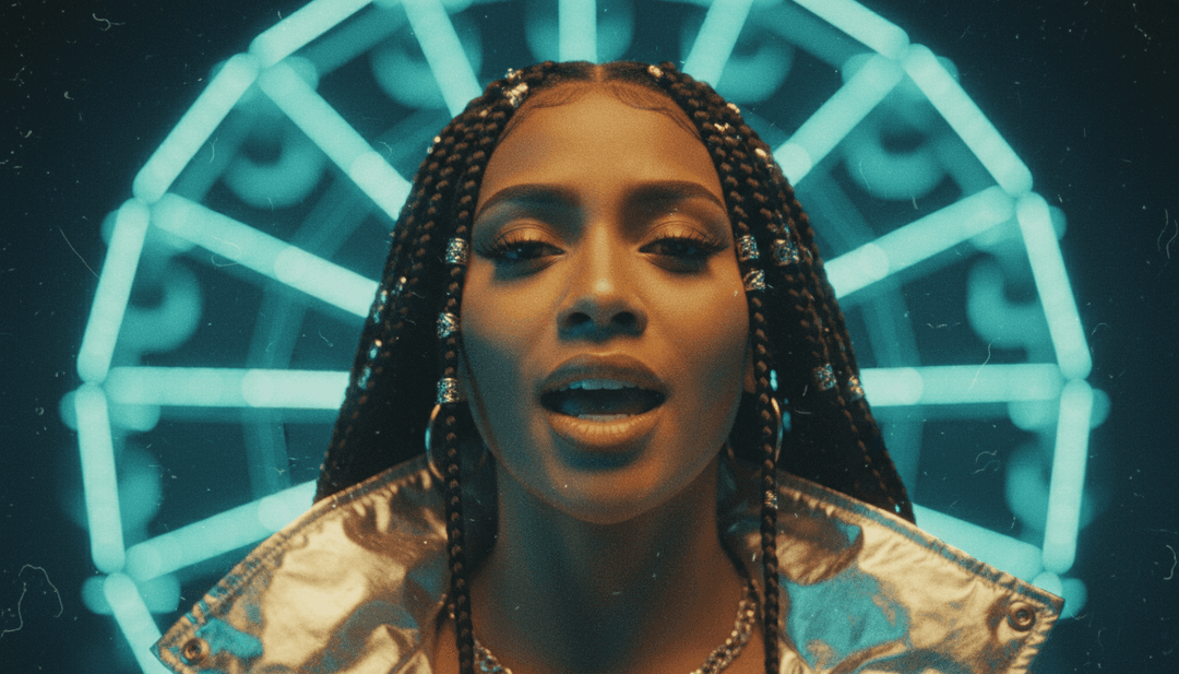 Uma cena vibrante de videoclipe mostrando neve animada caindo em uma rua festiva com cantores de natal, sincronizada com o ritmo de 'It's Finally Christmas.'