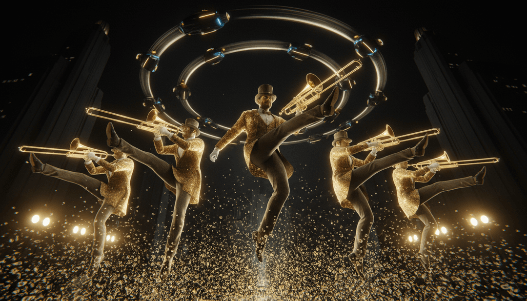 动态可视化效果响应小号和钢琴和弦,抽象形状 reminiscent of 经典爵士专辑封面。