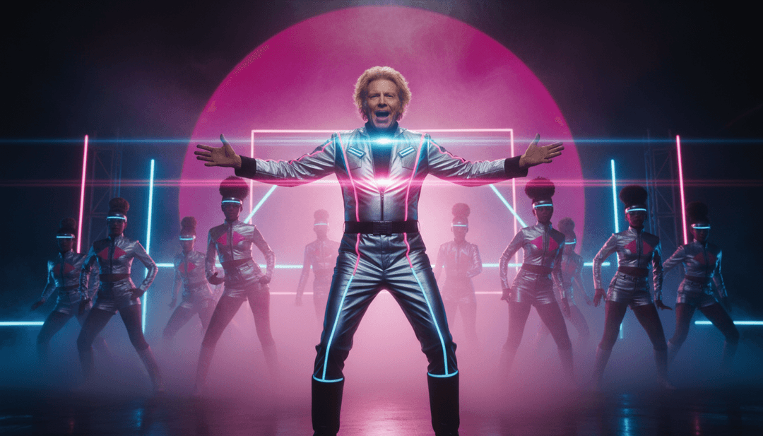 Vibrant AI-generated scene depicting abstract dancers in a retro-futuristic city, synchronized with 'It Works' music.