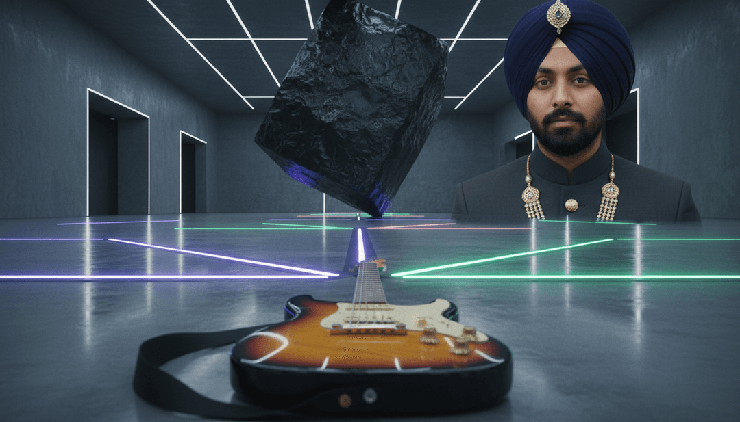 AI interpreting rock and blues rock vibes, visualizing sound waves and energy for Singh Sound Syndicate's 'Vibes' music video.