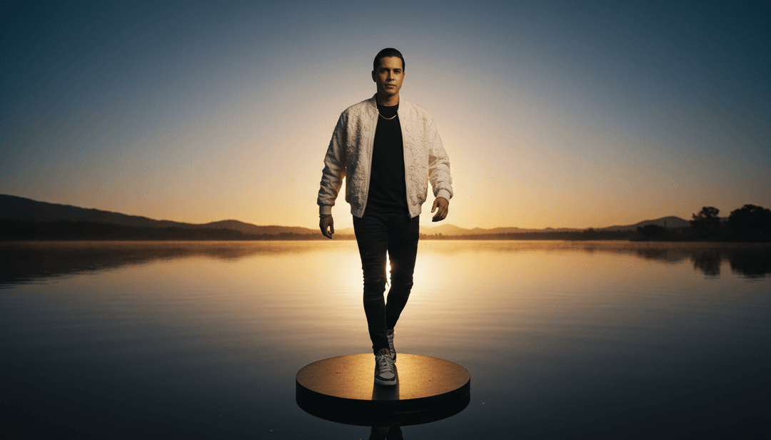 Dynamic scenes of dancers on a beach at sunset, colorful neon lights in a city, and abstract visualizer effects, synced to 'Alma' by Chamone.