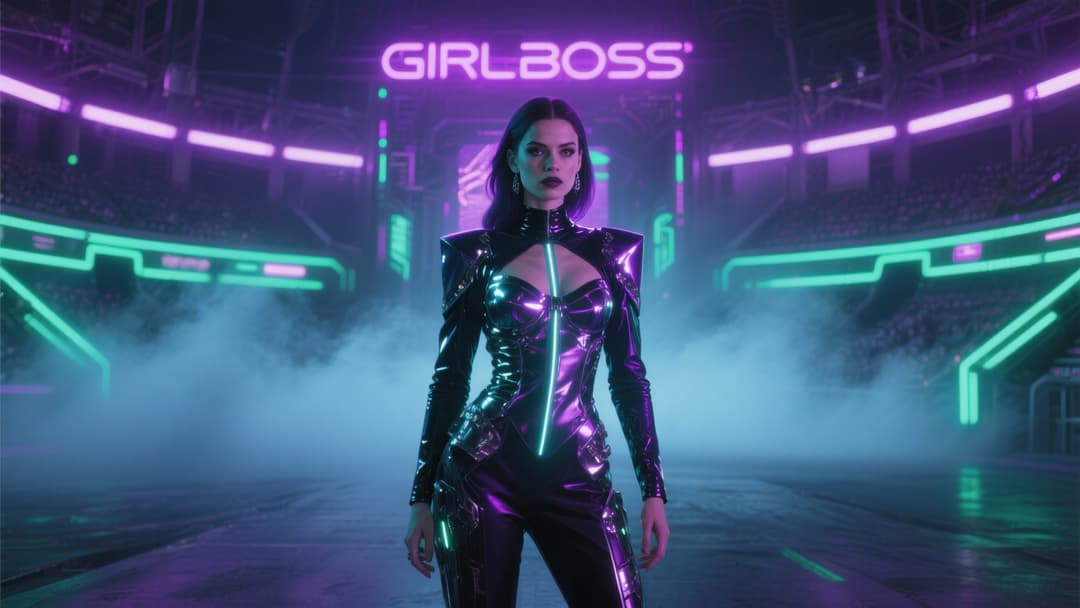 GIRLBOSS के टेक्नो रिदम की व्याख्या करते हुए एआई की अवधारणात्मक छवि।