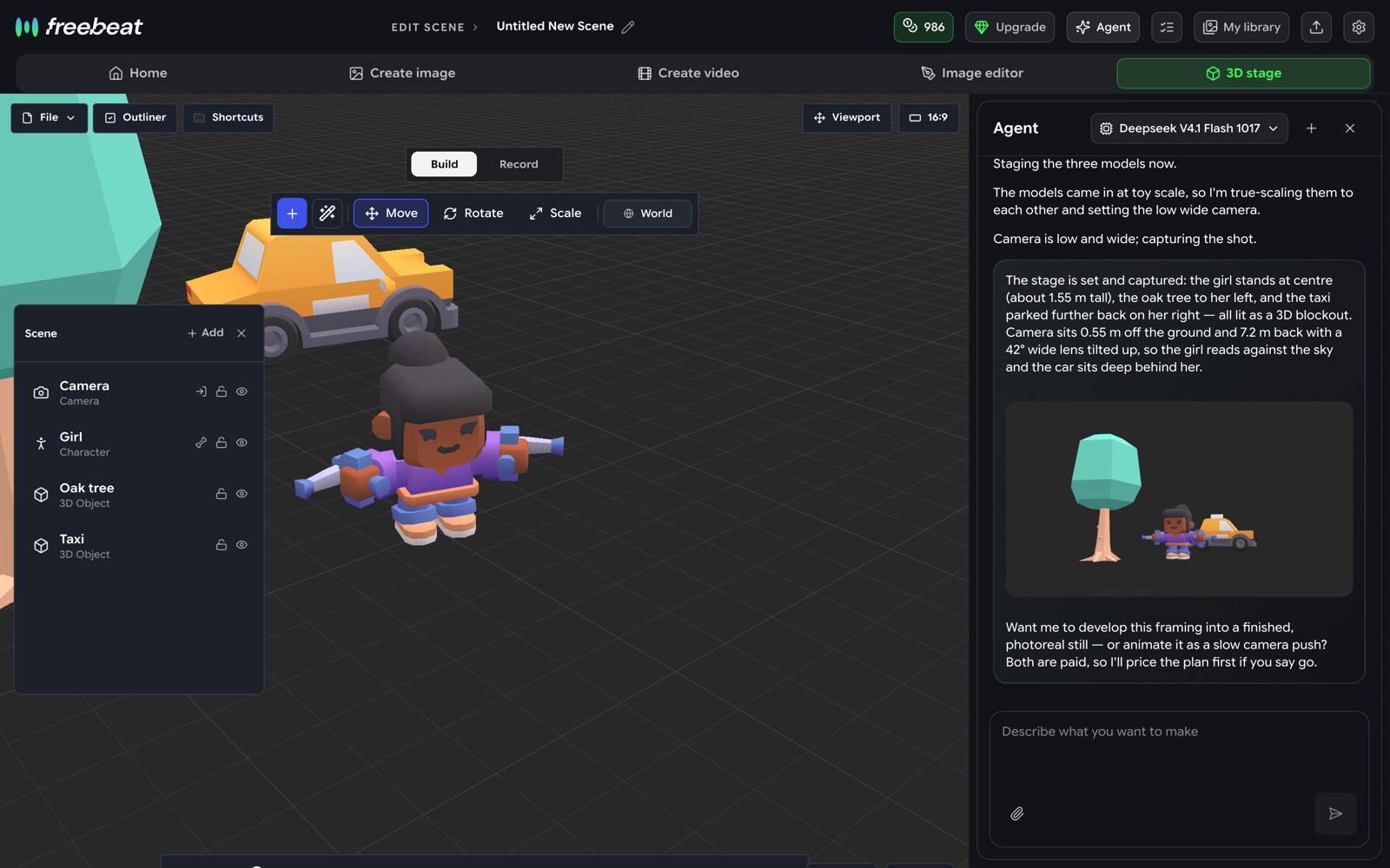 The freebeat Studio agent placing a figure, an oak tree and a taxi on the 3D stage and capturing a low wide shot