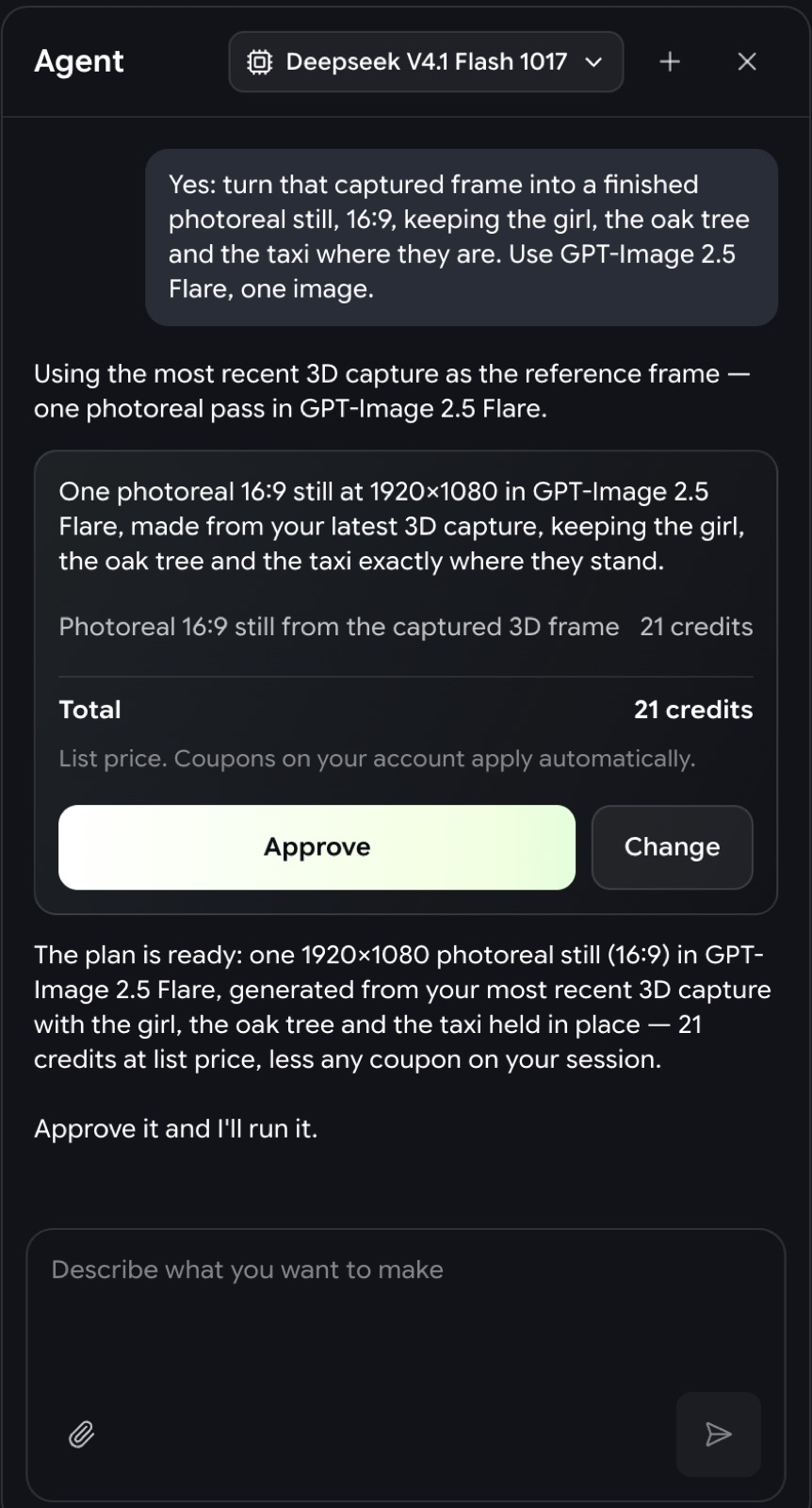 The agent's plan card listing one image at 21 credits with Approve and Change buttons