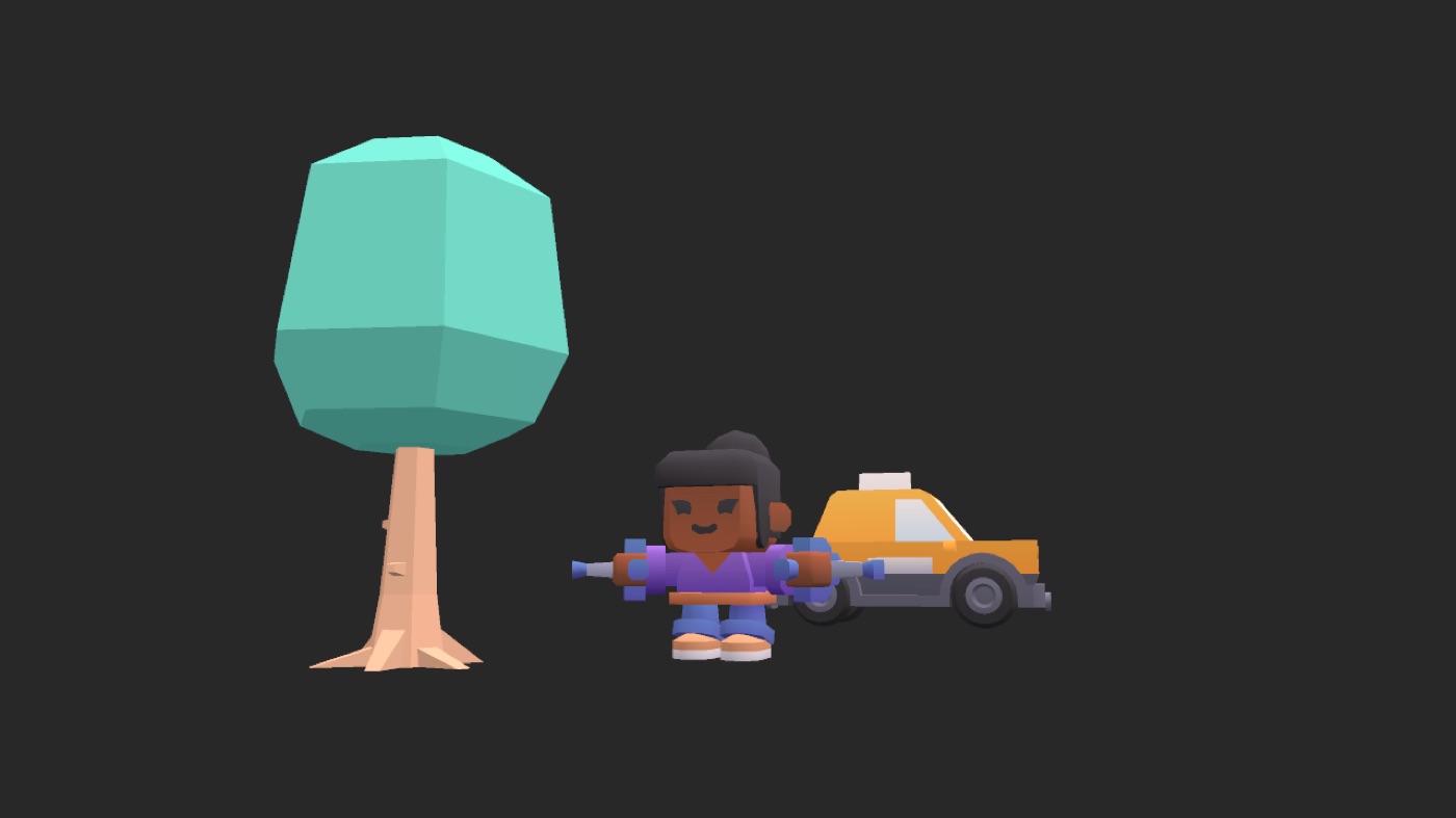 Low-poly 3D blockout: an oak tree on the left, a figure in the centre, a yellow taxi behind on the right