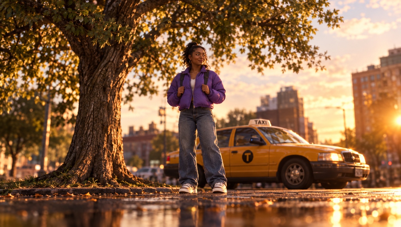 Photoreal street scene at golden hour with the same layout: oak tree left, a woman in a purple jacket centre, yellow taxi behind