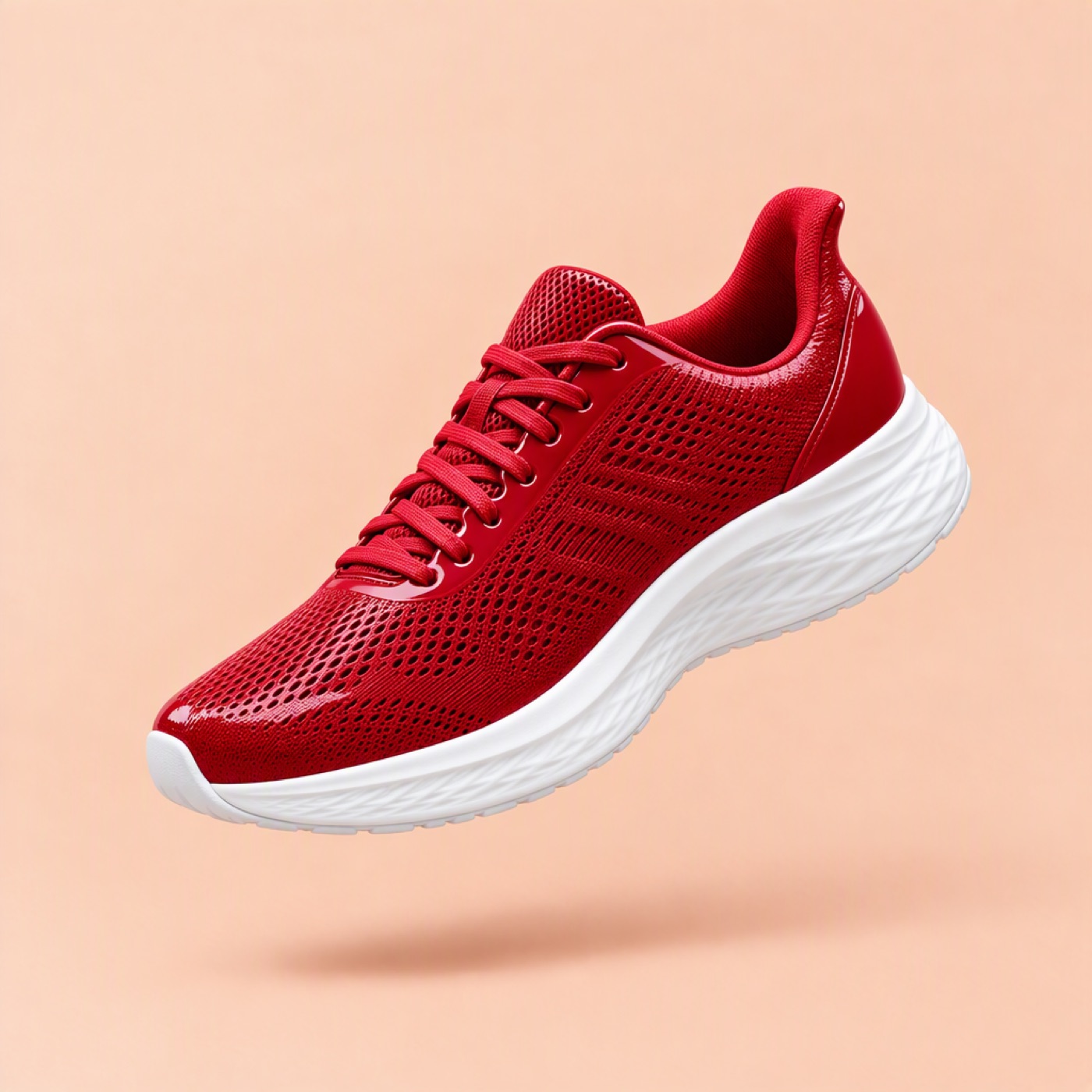 The same sneaker, now glossy cherry red with a white sole, same angle and backdrop