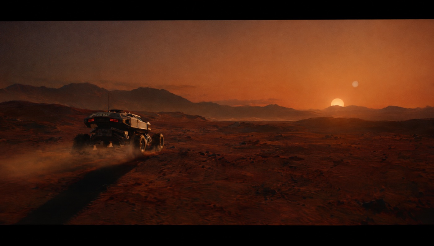 A six-wheeled rover crossing a red desert at dusk under two moons