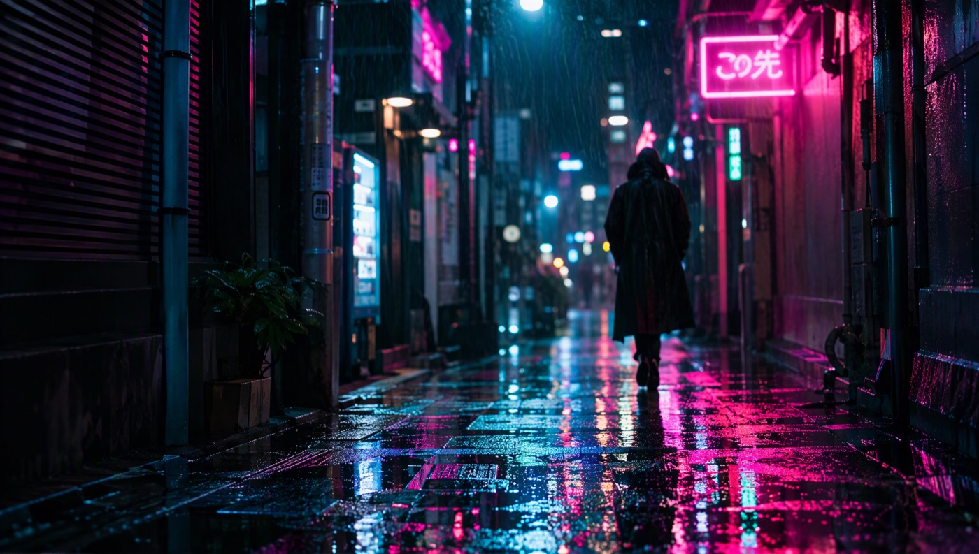 A figure in a long coat walking down a rain-soaked neon alley at night