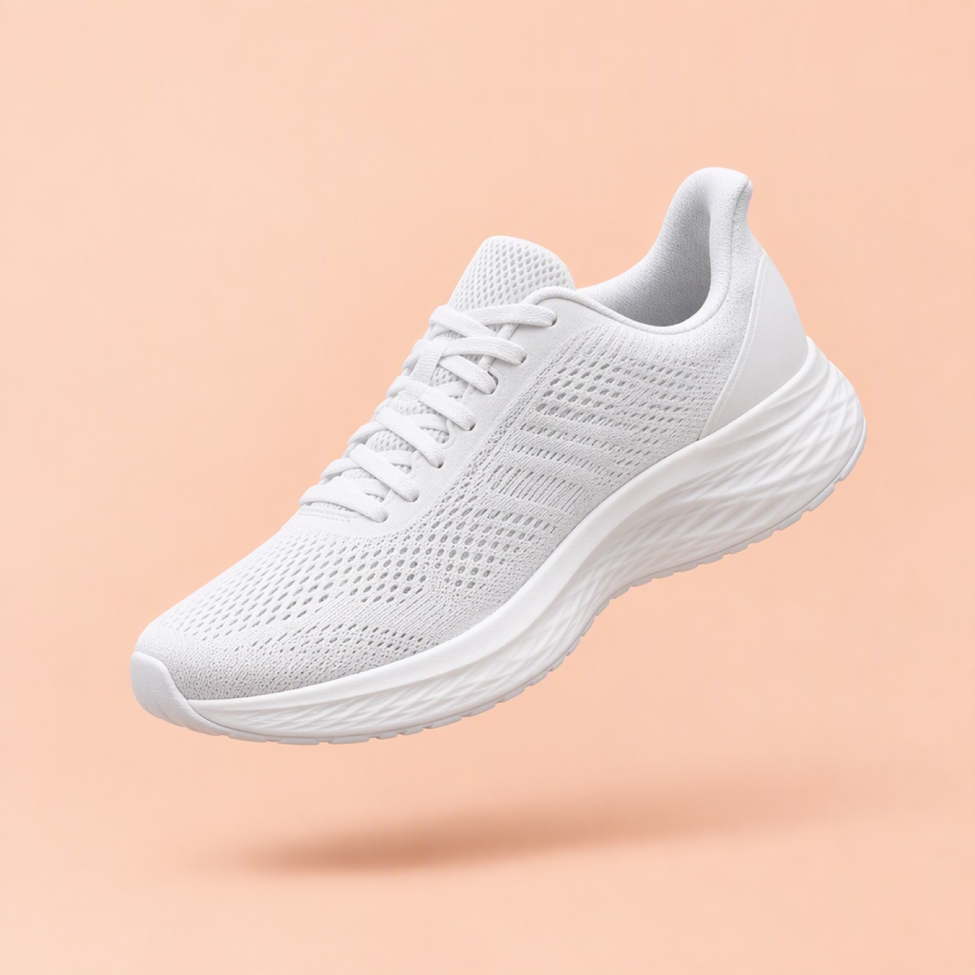 A white running sneaker floating above a pastel peach backdrop