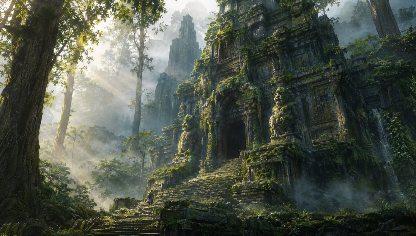 An ancient moss-covered temple in a misty forest with shafts of light