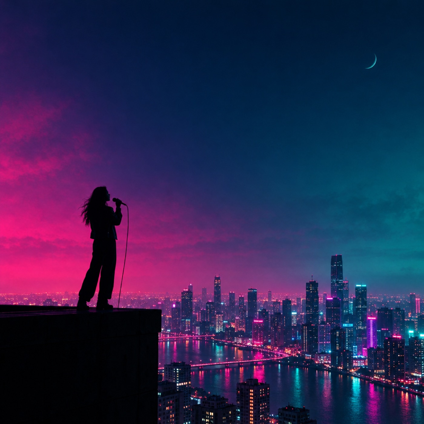 Square album cover: a singer silhouetted on a rooftop above a neon city at night