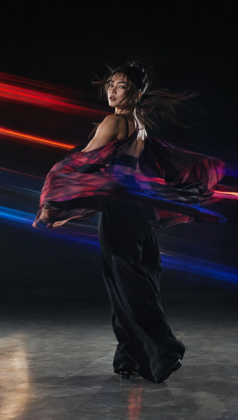 Vertical portrait of a dancer mid-spin with streaks of coloured light
