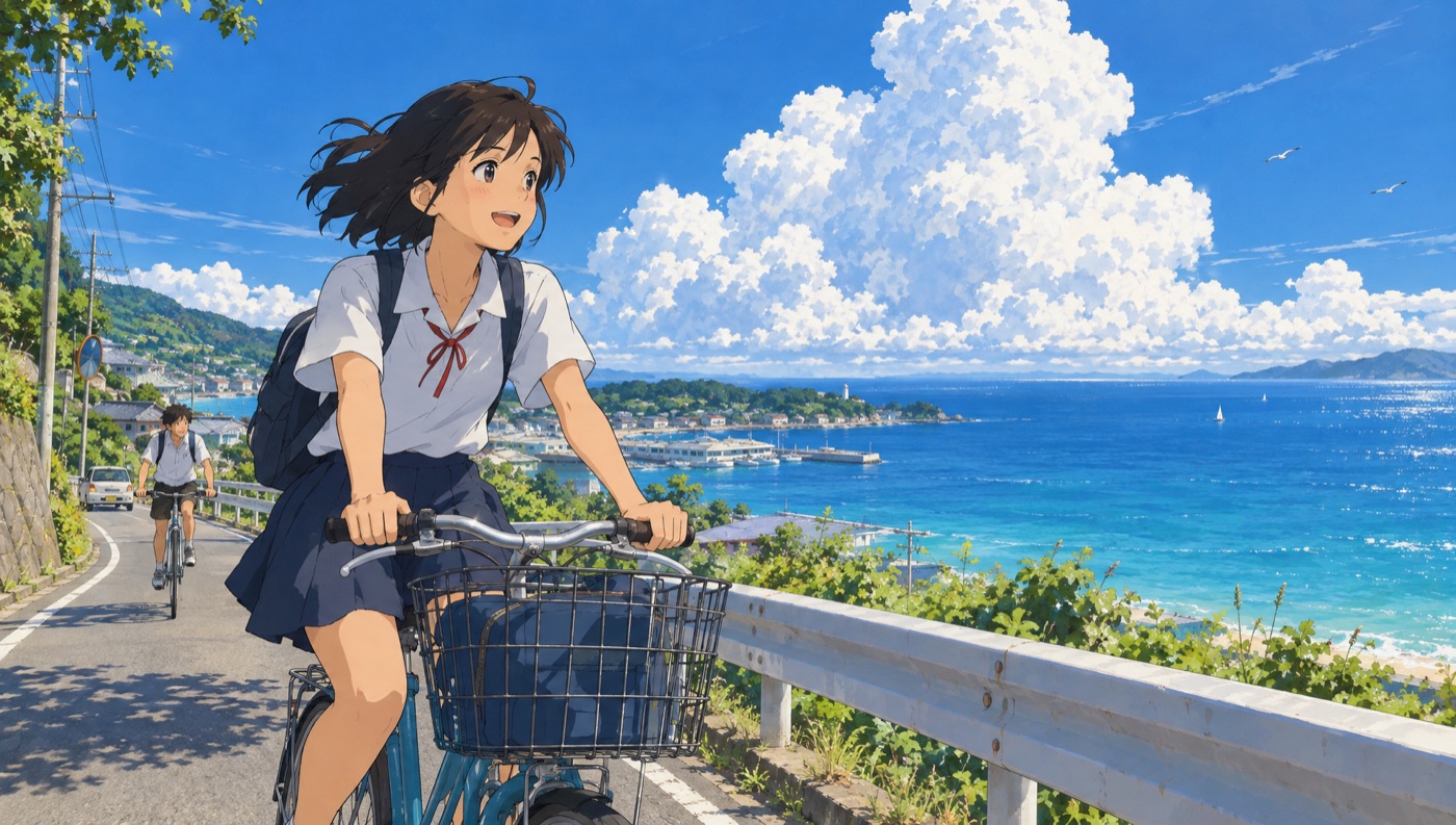 Anime-style key visual of a teenager cycling along a sunny coastal road