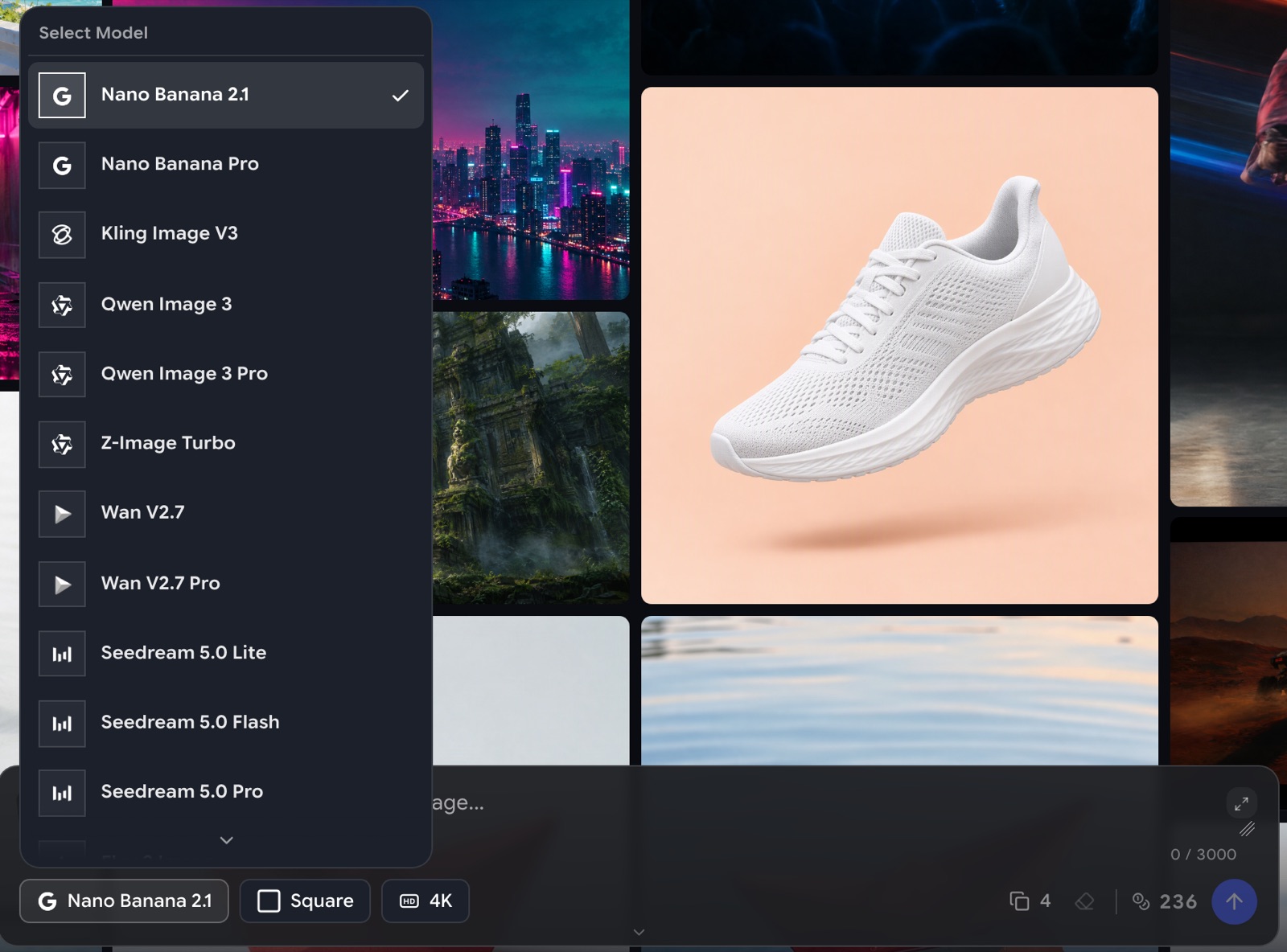 The model menu on freebeat Studio's Create image page listing Nano Banana, Kling Image, Qwen Image, Wan and Seedream models